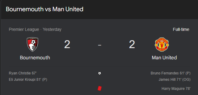Bournemouth vs Manchester United Result Previous Night