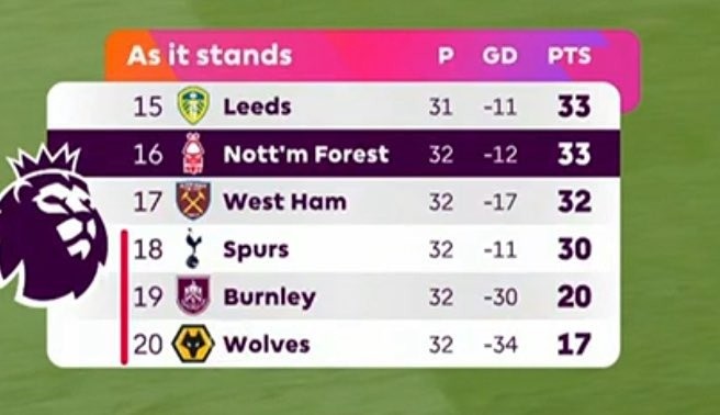 Premier League relegation and standings